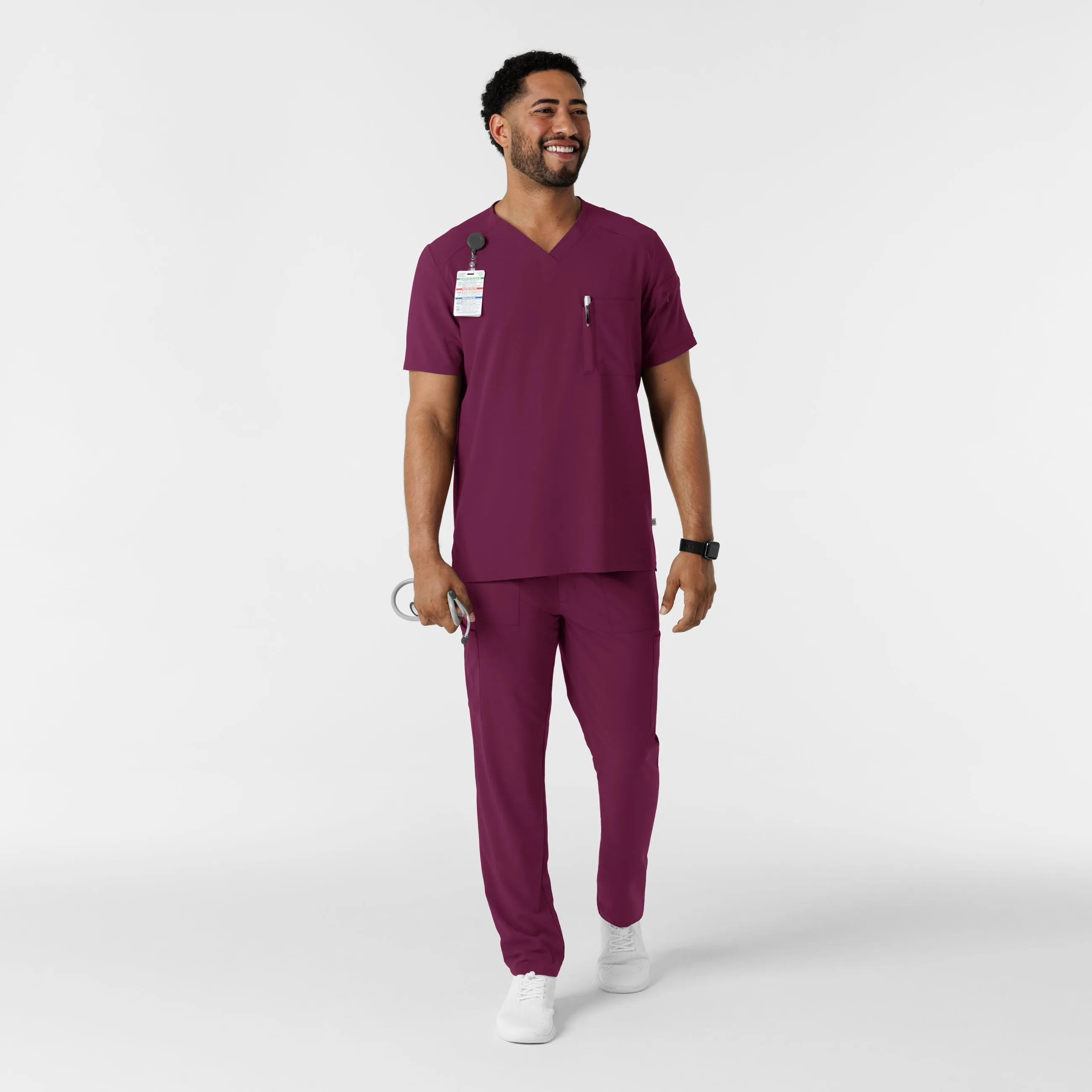 RENEW Men's V-Neck 5 Pocket Scrub Top - Wine