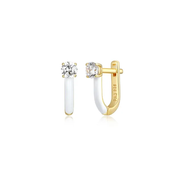 Solitaire CZ White Enamel Earrings