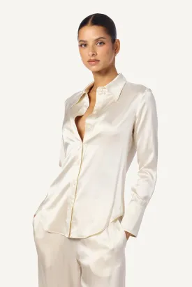 VINCENT SLIM FIT BUTTON DOWN SILK SHIRT | GARDENIA